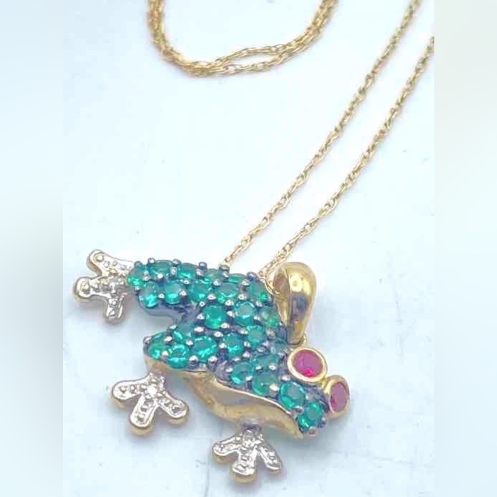 10K Gold created Emerald & Ruby Frog Pendant Necklace 18” Genuine Diamonds #313